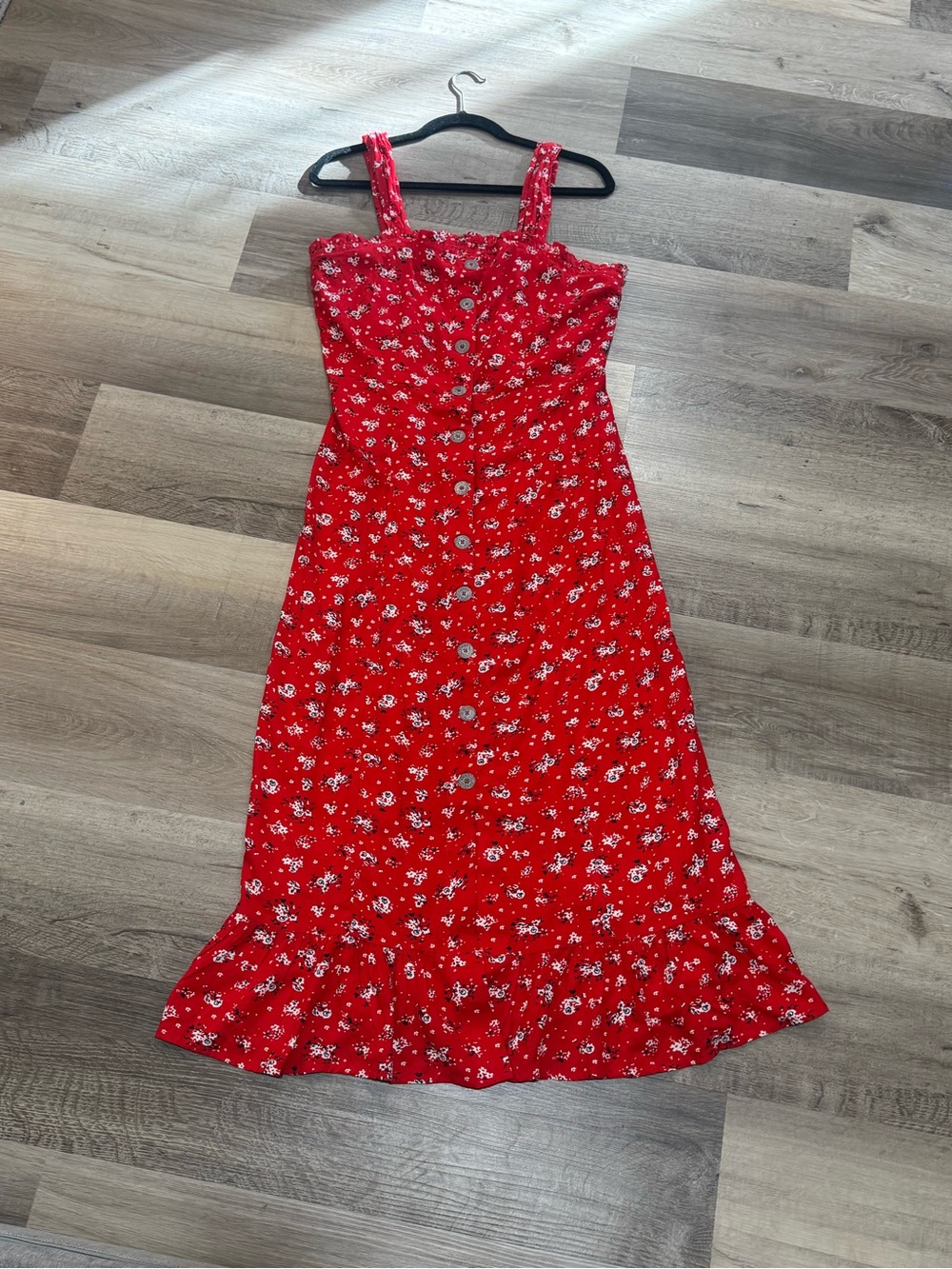 Red Floral Button-Front Midi Dress with Ruffled Hem